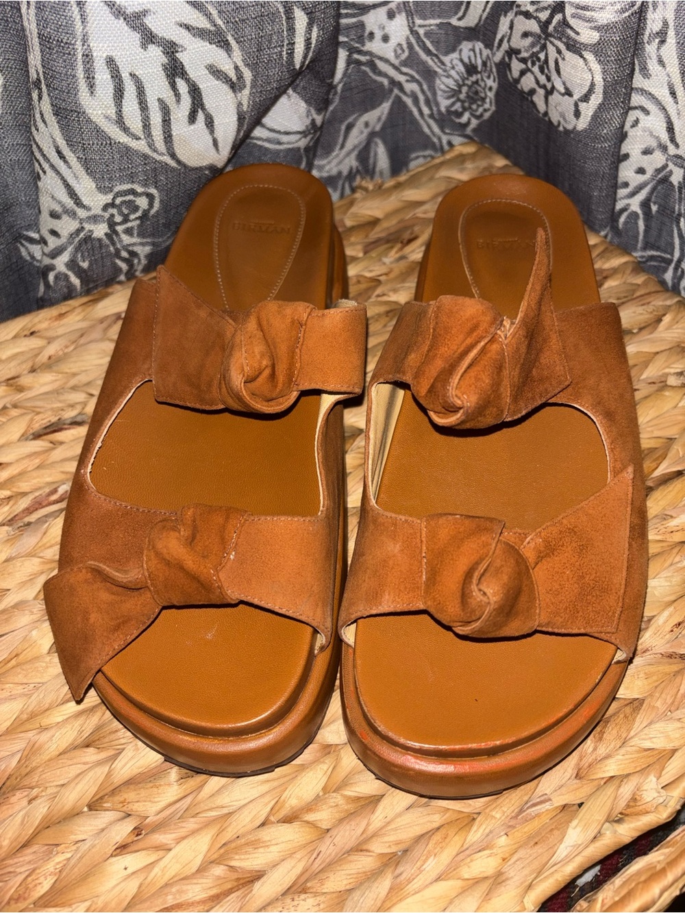 Alexandre Birman Cognac Suede Knot Slide Sandals